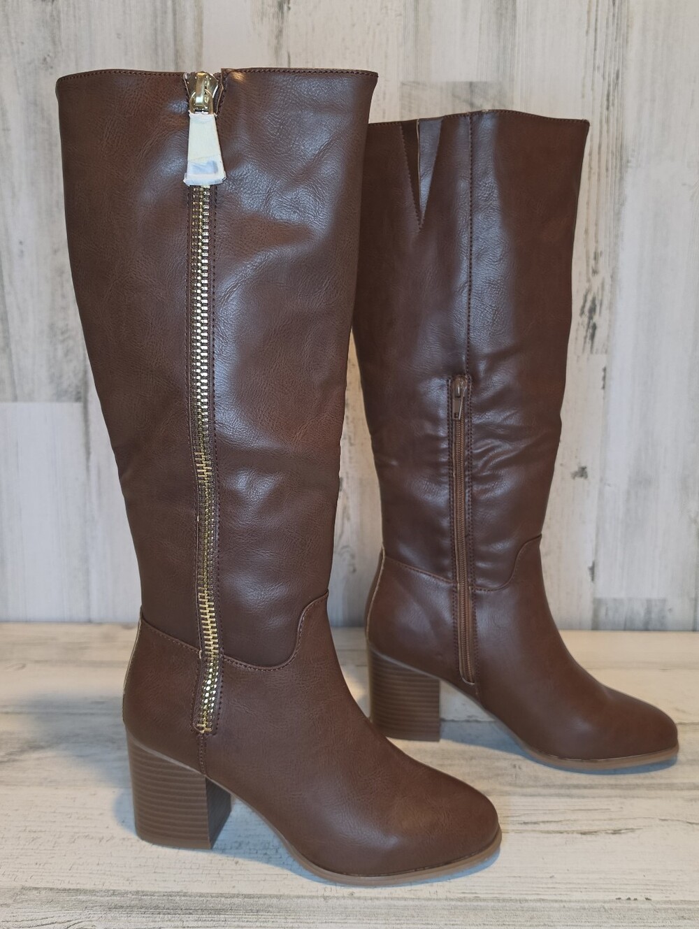 Sugar Women’s Size 7M Brown Knee High Boots Block Heel Gold Zipper Riding - Picture 3 of 14